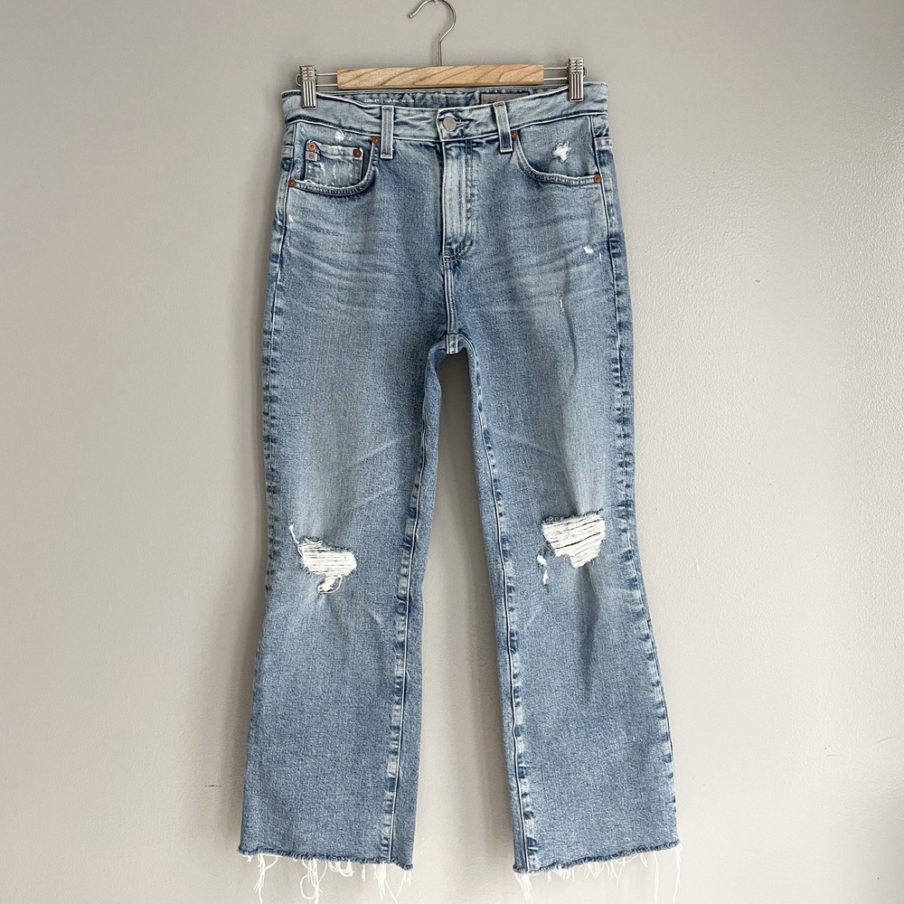 AG Kinsley High-Rise Pop Crop Jeans Medium Wash Distressed Raw Hem Size‎ 28
